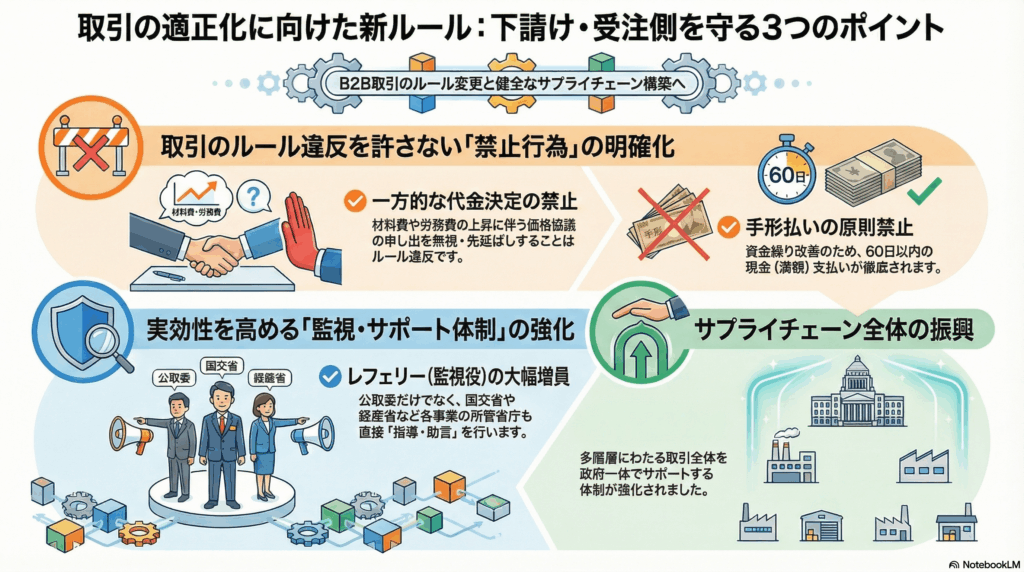 取適法(旧・下請法)の3つのルール変更ポイント(一方的な代金決定の禁止、手形払いの原則禁止、面的執行の強化)